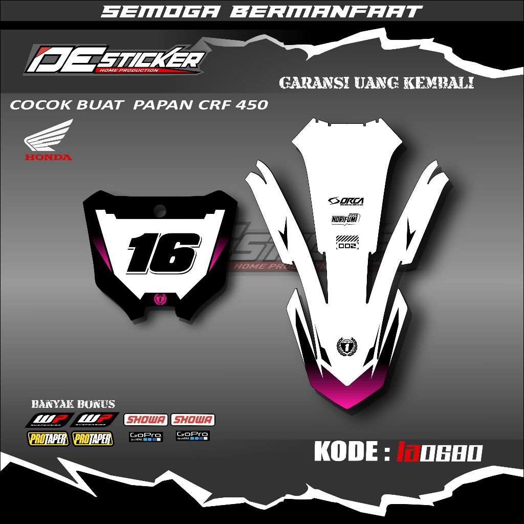 Stiker papan nama dan spakbor depan CRF 450 Keren warna dasar putih LA0680