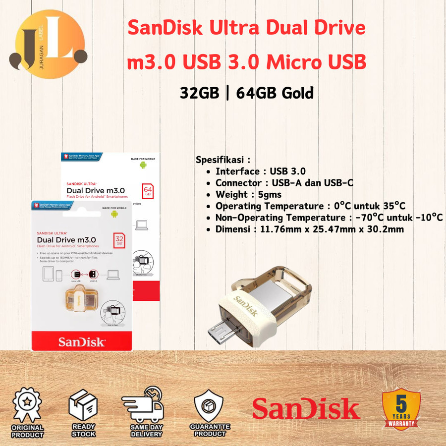 Flashdisk OTG SANDISK Ultra Dual Drive m3.0 USB 3.0 / Micro USB - Gold