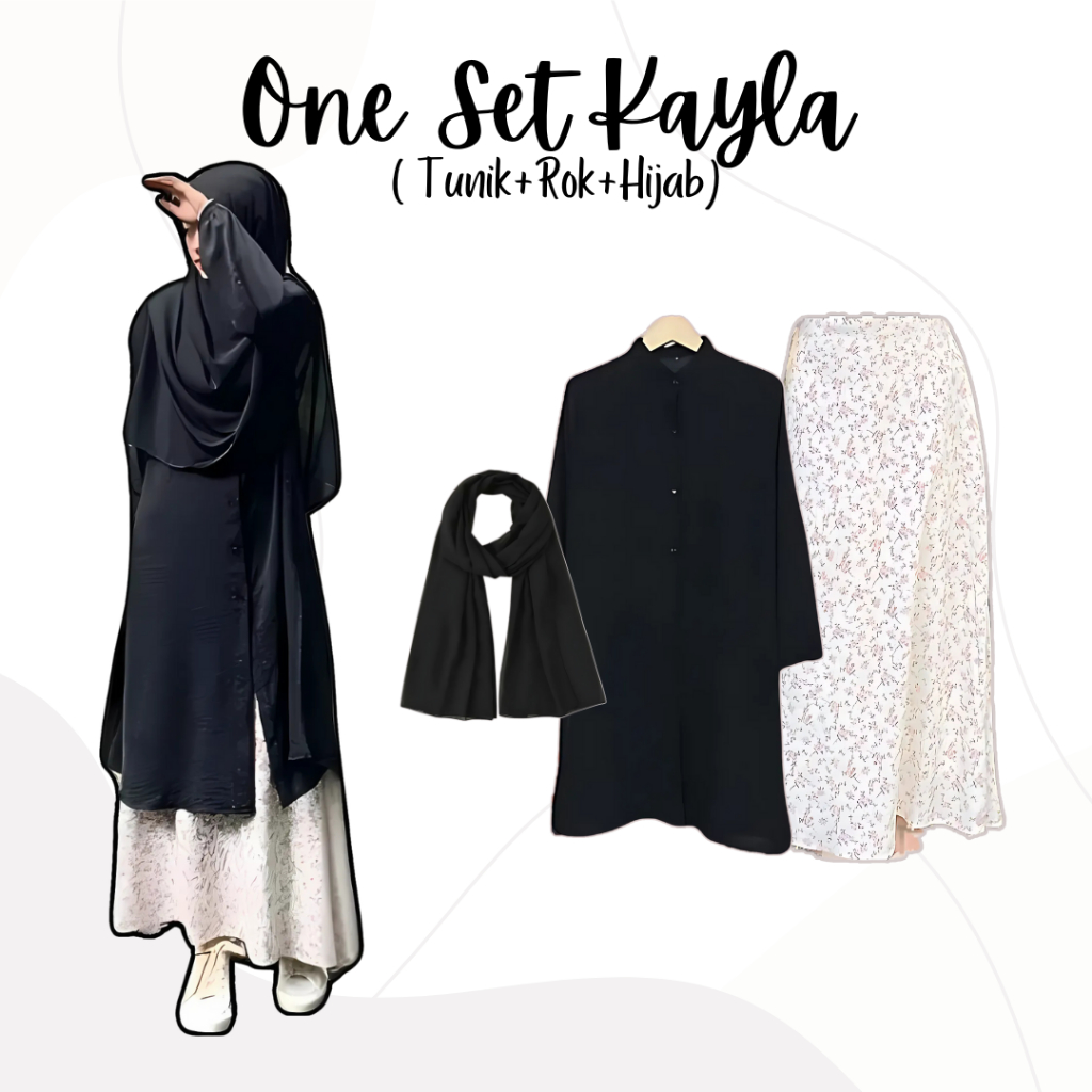 One Set 3in1 Tunik Hitam Rok Floral Hijab Pashmina Ceruty | outfit casual formal SK126