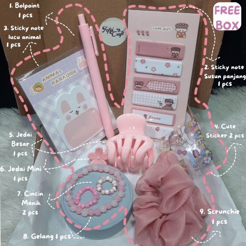 

Paket Gift Box Hampers ATK Mix Aksesoris | Paket Alat Tulis | Set Alat Tulis | Hadiah Ultah | Paket Kado Ulang Tahun Cewek | Kado Anak Perempuan | Birthday Gift Box Set Gelang Jedai Sticky Note
