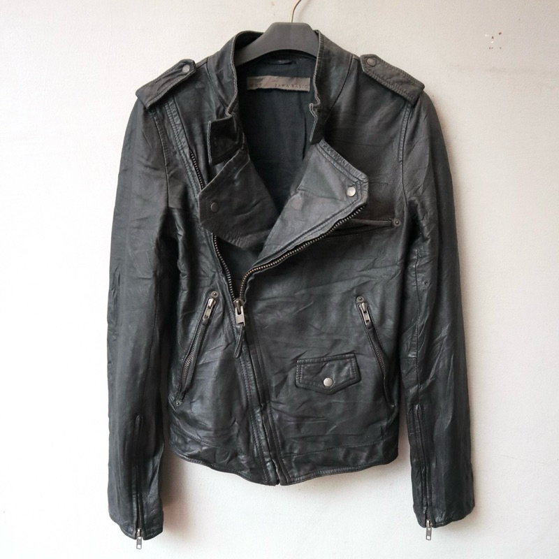 Zara kulit domba jaket kulit asli ramones cewek wanita biker rider leather jacket Pl bekas preloved 