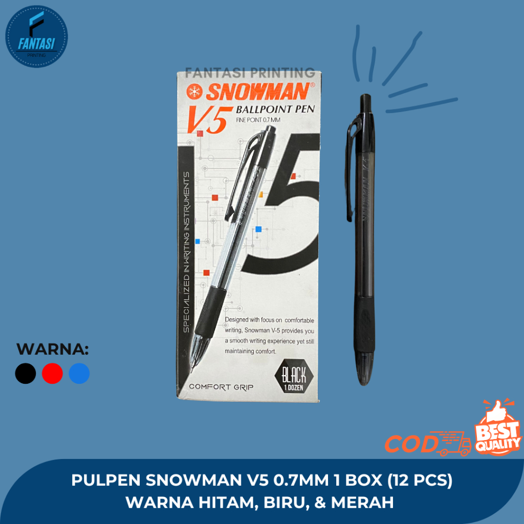 

Pulpen Snowman V5 0.7mm Warna Hitam, Biru, & Merah 1 BOX (12PCS)