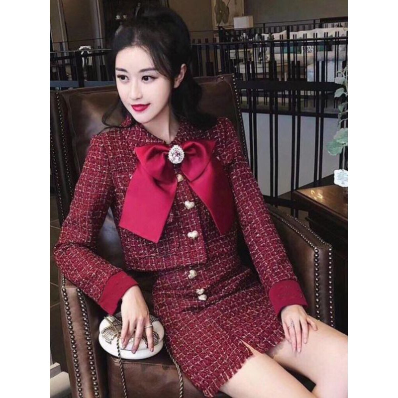 set tweed ribbon love button taglabel top+skirt