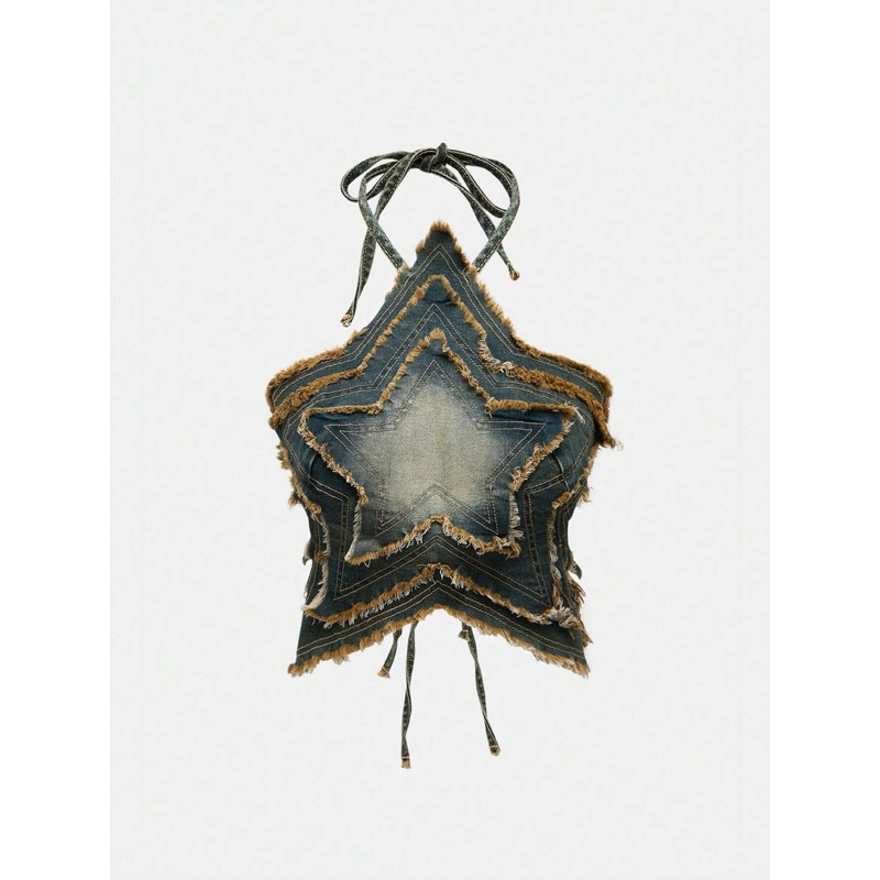 Grunge Punk Vintage Distressed Punk & Adventure Five-Pointed Star Patch Denim Jacket