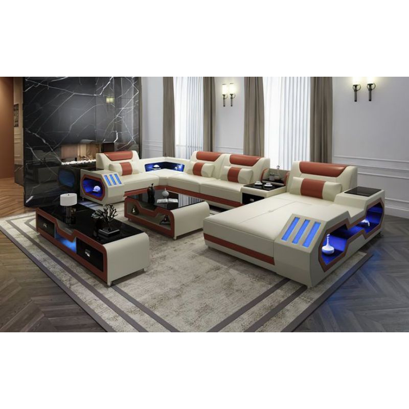 Sofa ruang tamu LED bentuk U kulit MBTech