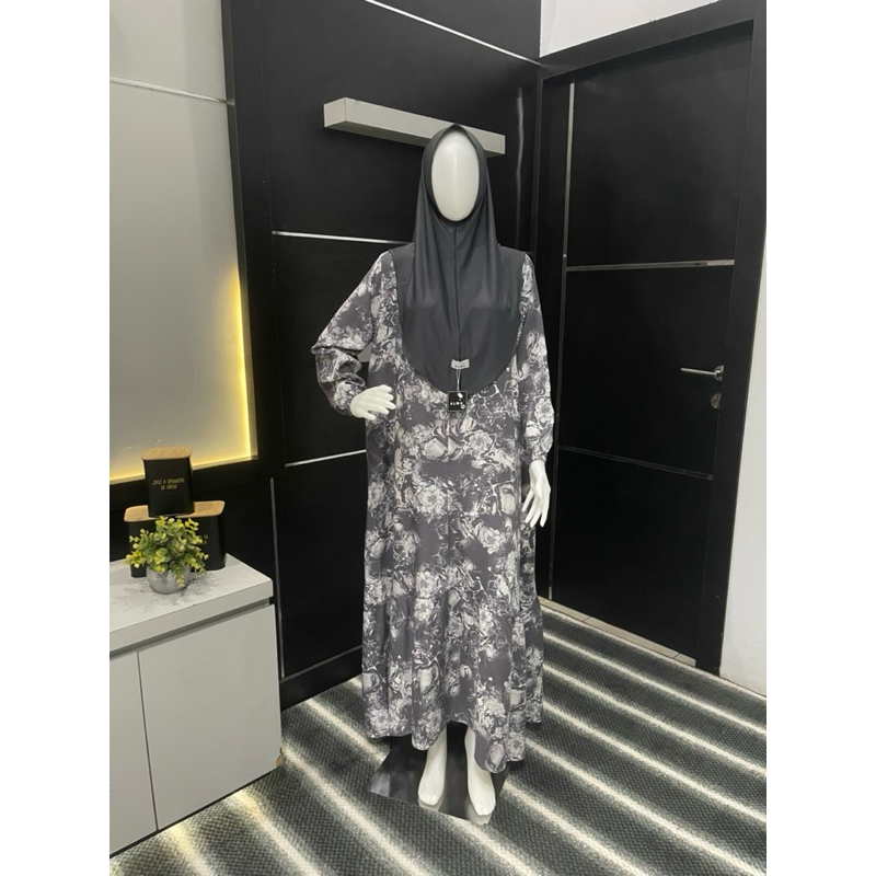 Gamis set hijab motif bunga abstrak rayon twill sutra
