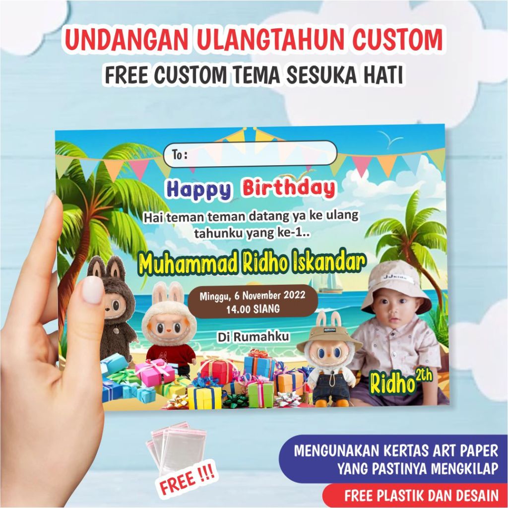 undangan ulang tahun mini glossy termurah, bahan photo paper 210gsm, free desain, foto, dan plastik