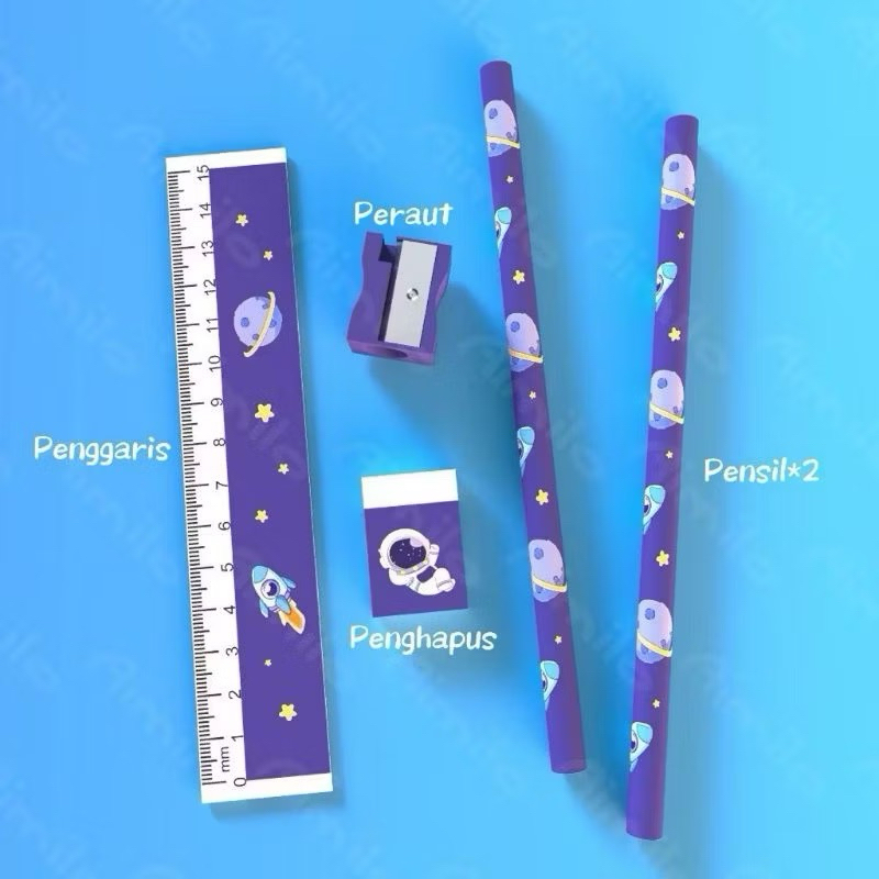 

pensil set penghapus penggaris alat tulis lucu 5in1