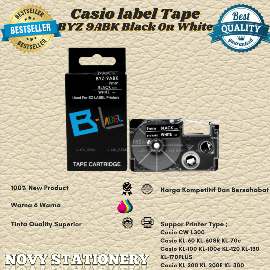 

Compatible Label Tape Casio BYZ 9ABK Black On White - KL-60 KL-60SR