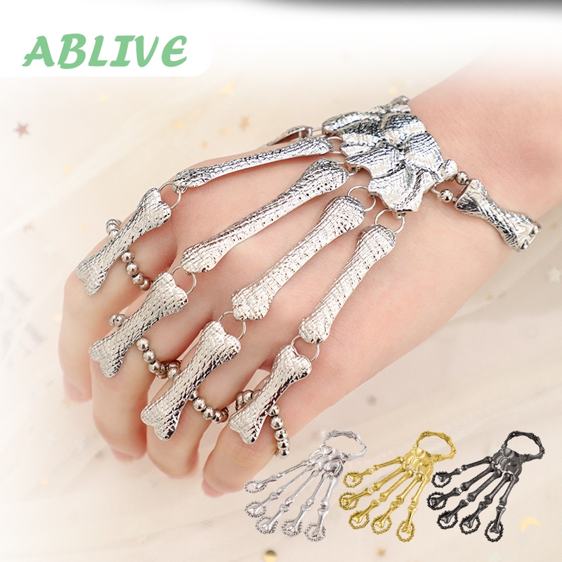 Gothic Bracelet Skull Bracelet Punk Halloween Hand Chain Jewelry Skull Skeleton Finger Ring Bracelet