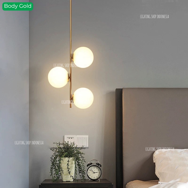 Lampu gantung gold kaca hias susu modern ruang tamu 3 lampu