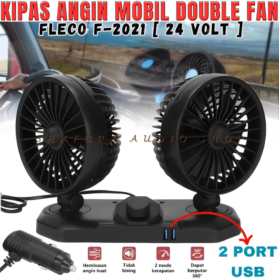 Portable Car Fan/Kipas Angin Mobil 24 Volt 360 Derajat Double Fan / Kipas Angin Mobil / Car Fan Flec