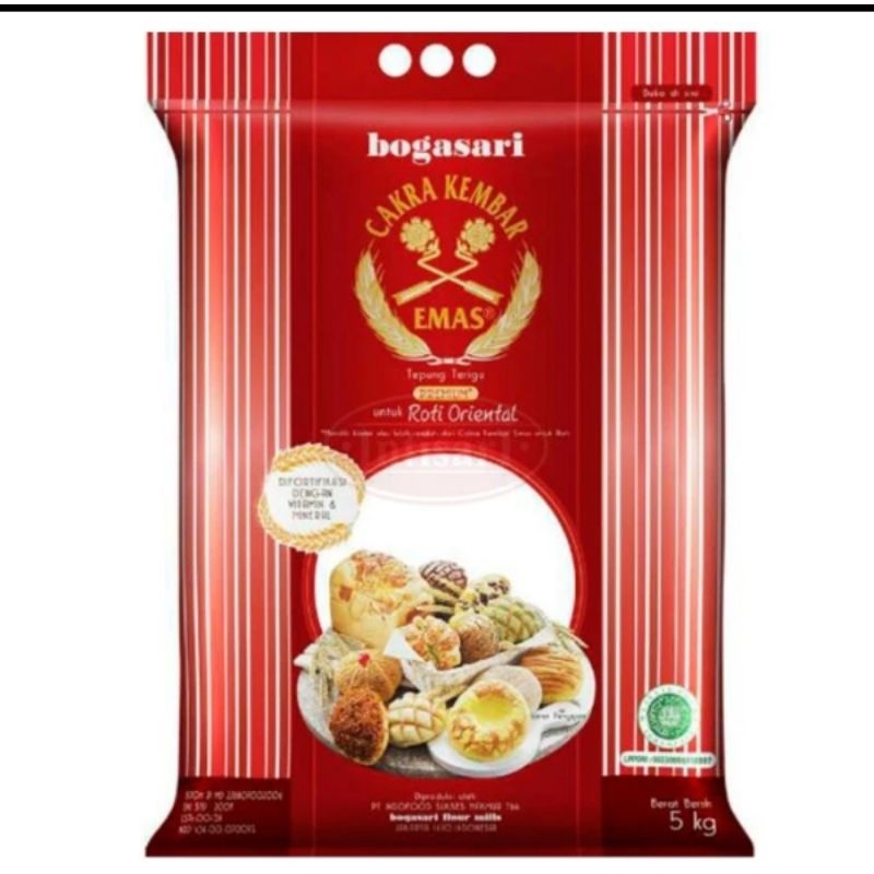 

Tepung Terigu Cakra kembar emas bogasari (roti Oriental) 5 Kg