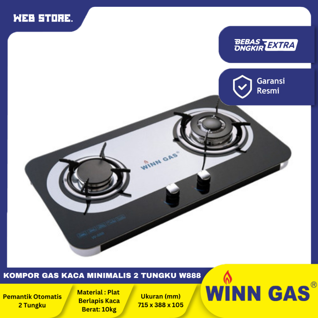 Kompor Gas Kaca Minimalis Pemantik Otomatis 2 Tungku W888 WINN GAS
