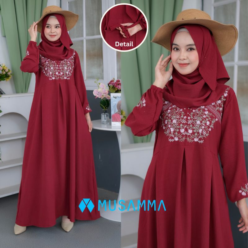 Gamis Aurel dengan Pasmhina Airflow Crinkle Bordir Bunga Busui Friendly