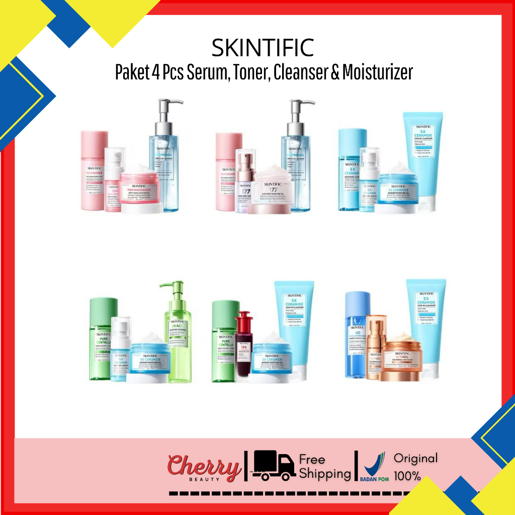 SKINTIFIC Paket Skincare 4PCS | 4in1 Serum Wajah Moisturizer Gel Toner Sunscreen Cleansing Facial Wa