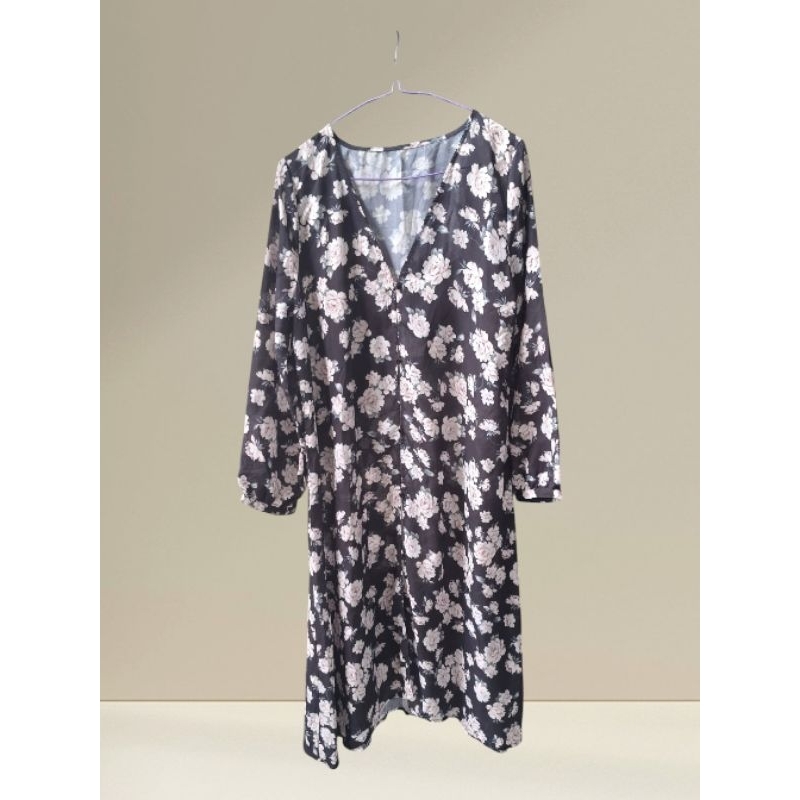 DR13 Long Dress Motif Floral Pink Hitam All Size