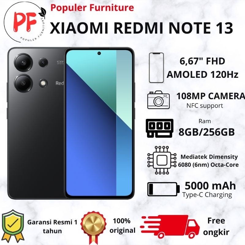 Xiaomi Redmi Note 13 Ram 8/256 NFC BATERAI 5000mAh BLACK - Garansi Resmi Original 100%