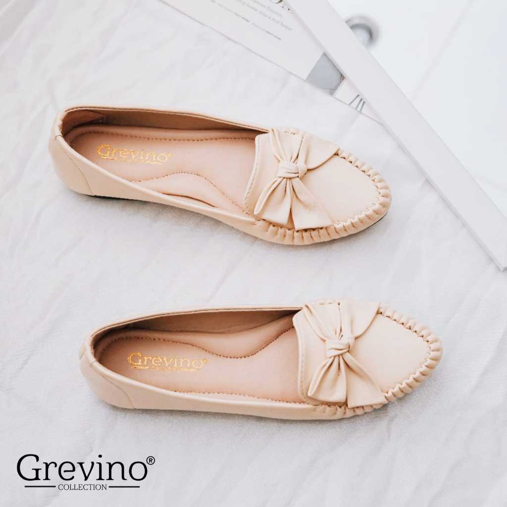 Grevino Sepatu Flat Putih Krem Wanita Balet Rajut kerut