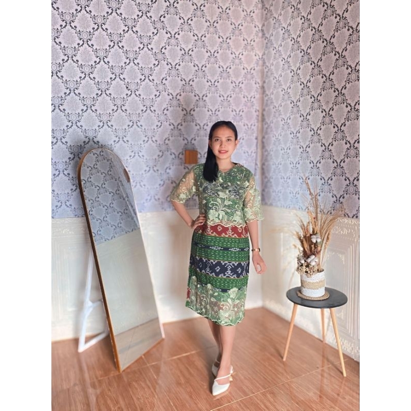 dres tenun Jepara mix brokat hijau