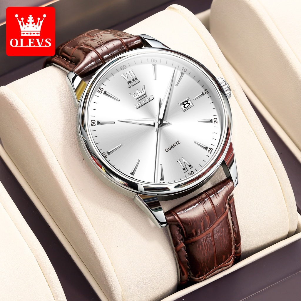 Olevs Jam Tangan Pria Tahan Air Original 100% Anti Air Leather Luminous Jam Tangan Pria Kulit Analog