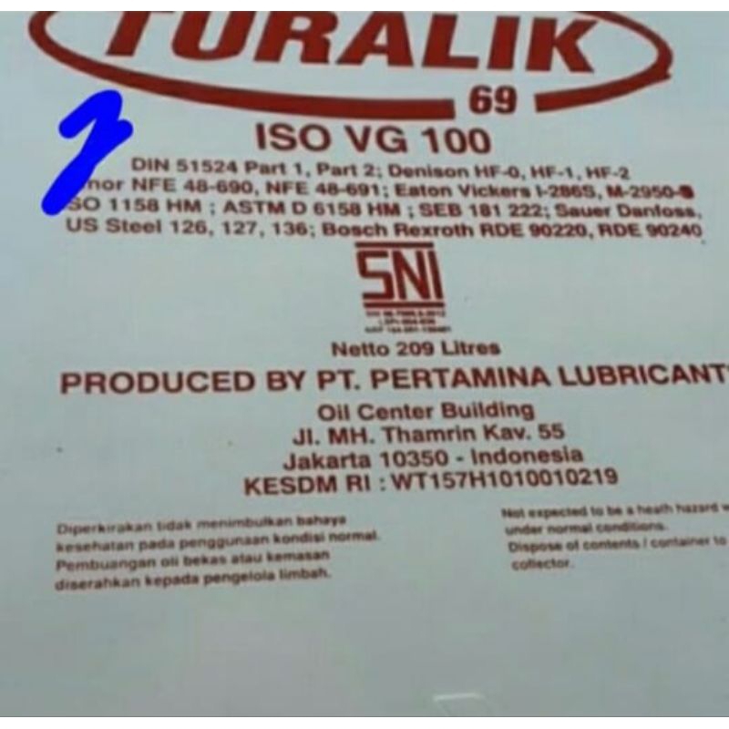 Oli Pertamina Turalik 69 ISO VG-100/ Hidraulik 209L