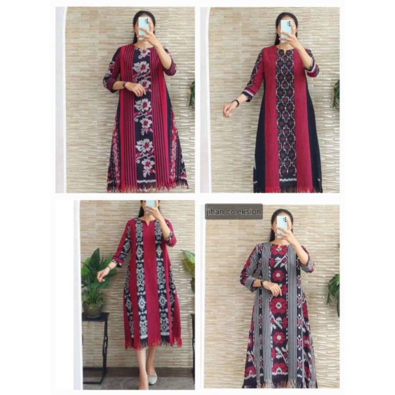 tunik premium bahan tenun,baju wanita muslimah,dress etnik tenun motif random