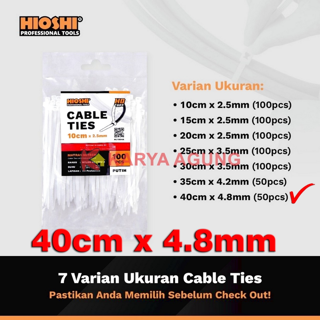 

Cable Ties HIOSHI 40cm x 4.8mm Nylon HCT004G / Kabel Tali Tis 40 cm Panjang 400 x 4,8 mm / Segel Pengikat Klip Kabel / Cable Tie