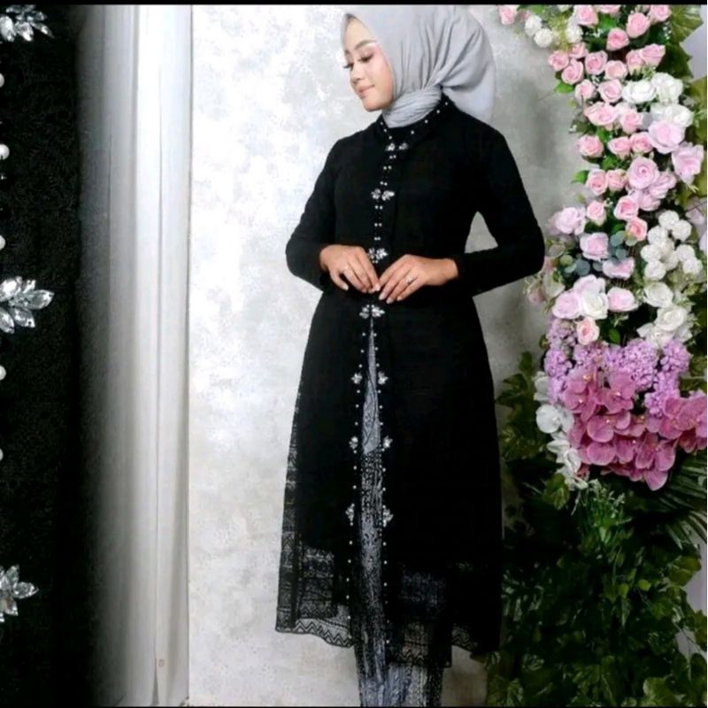 Setelan Kebaya Tunik Rosidah Brokat Payet mutiara Resleting Depan