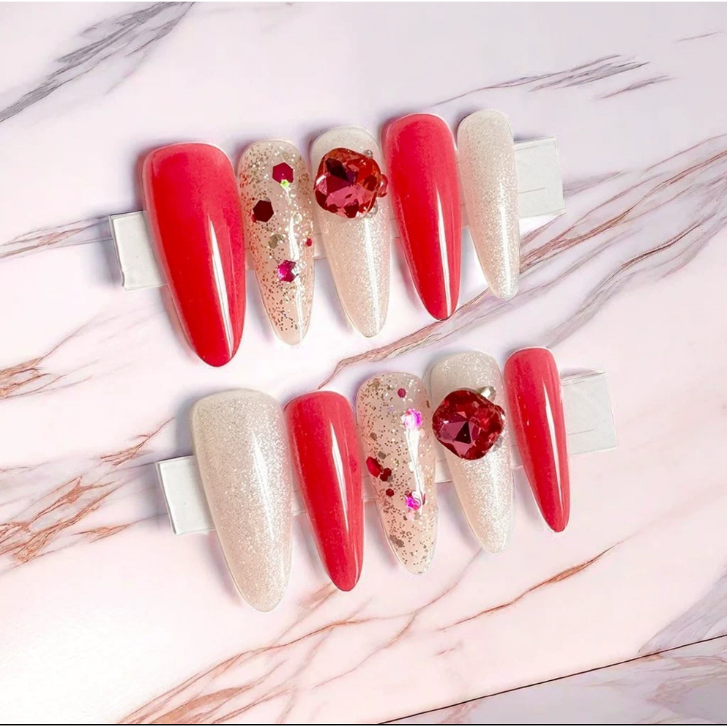 Stiletto Red Diamond - Kuku Palsu + Lem - Korean Premium Nails PRESS ON NAILS / FAKE NAILS Nail Art