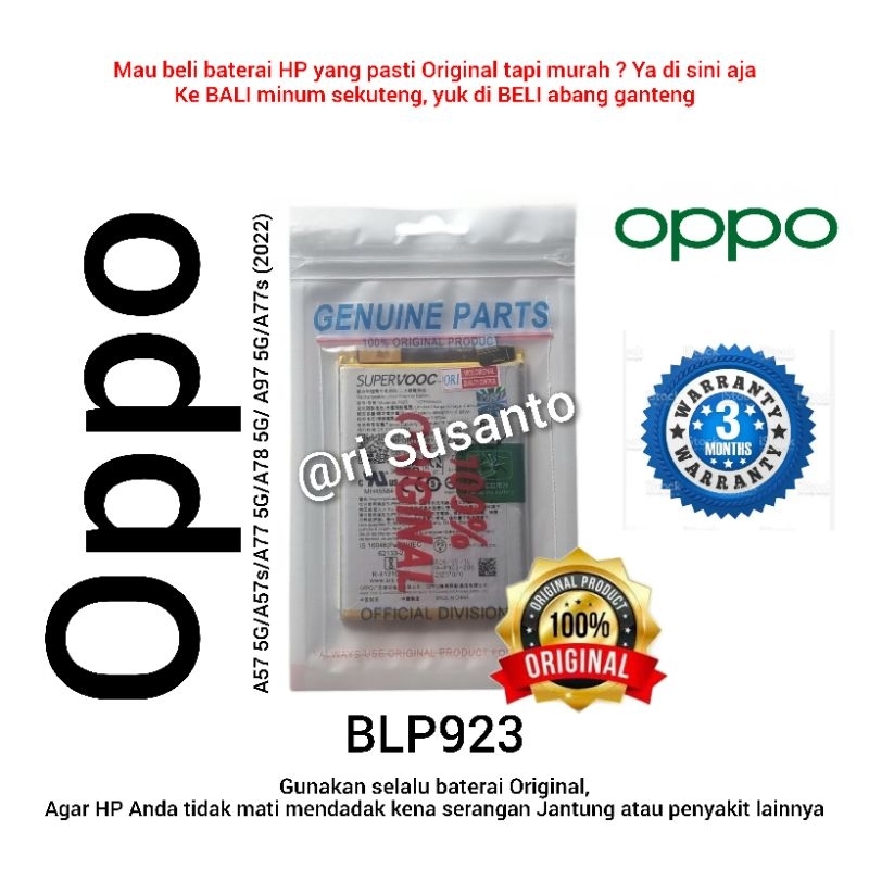 Baterai Oppo A57 5G / A57s / A77 5G / A78 5G / A97 5G / A77s (2022) BLP923 Asli (Original 100%) bate