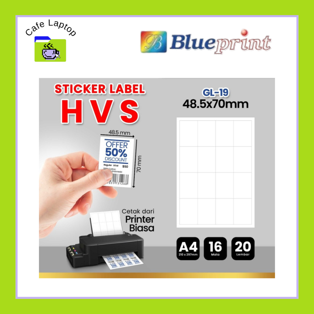 

Kertas Stiker Label HVS Doff A4 BLUEPRINT Uk 48,5 x 70 mm - 20 lembar