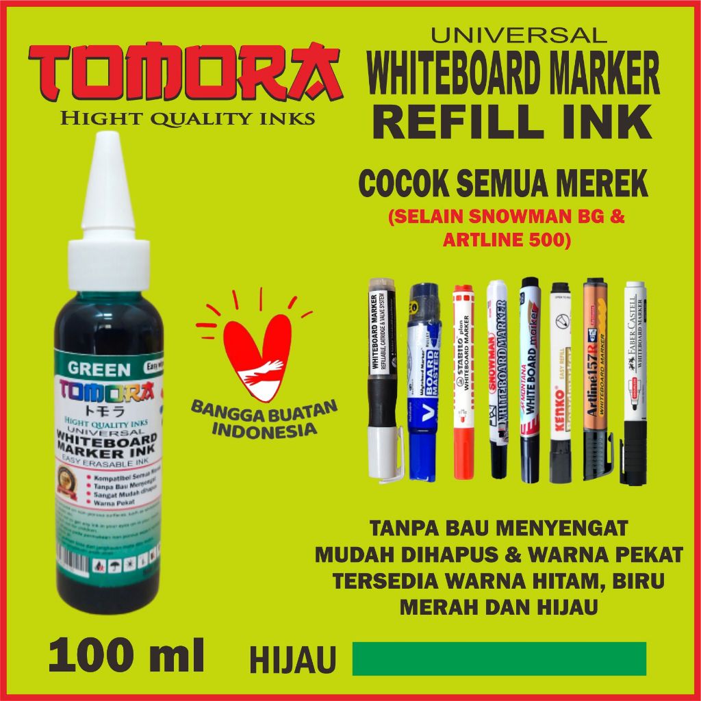 

Tinta Refill Spidol Whiteboard Tomora 100 ml Hijau (Mudah dihapus)