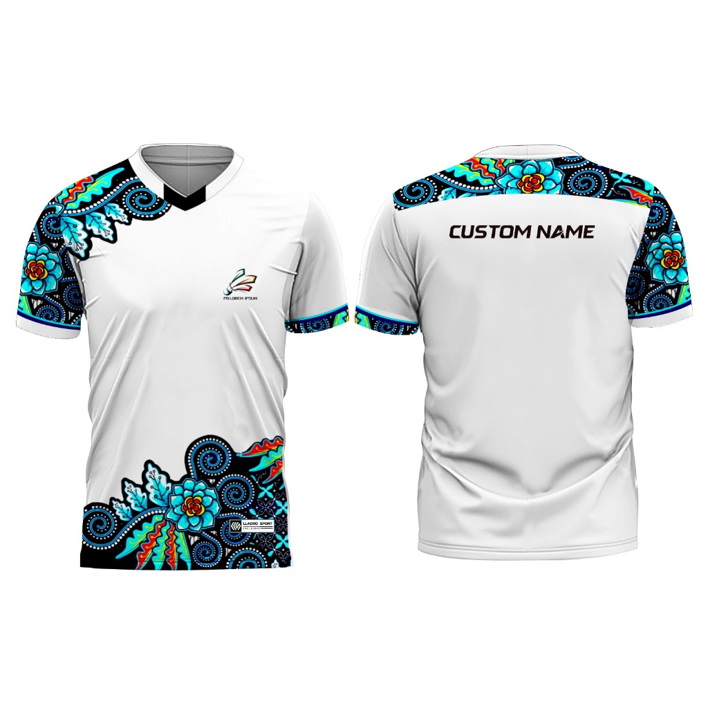 Jersey Badminton Yonex Putih Motif Batik Biru Free Nameset Olahraga Volly