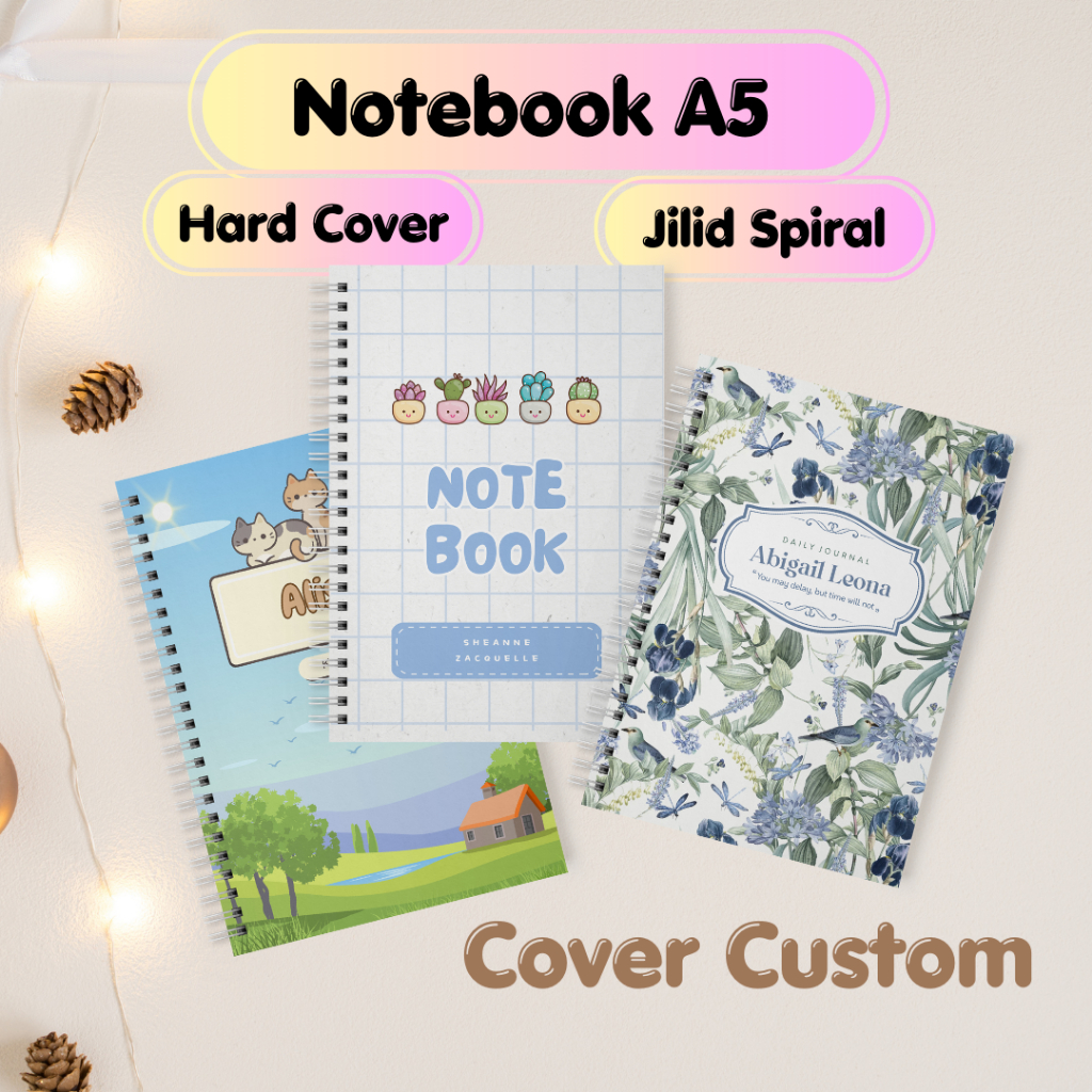 

Notebook Spiral Custom Desain Cover Hardcover Ukuran A5 Isi 100 lembar/200 halaman kertas dotted grid garis dan polos