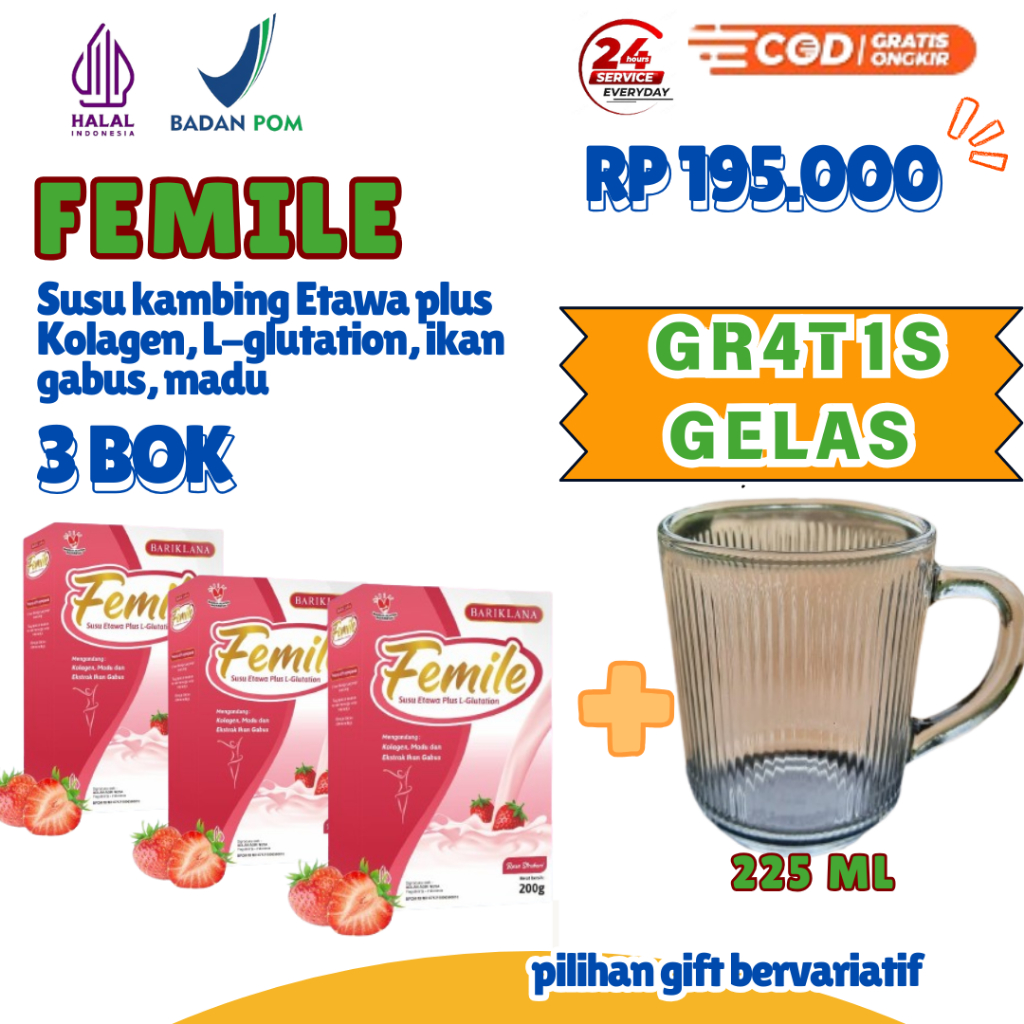 

[BELI FEMILE 3 GRATIS GELAS] Femile susu kambing etawa plus kolagen, L-glutation, ikan gabus, madu untuk kesehatan kulit