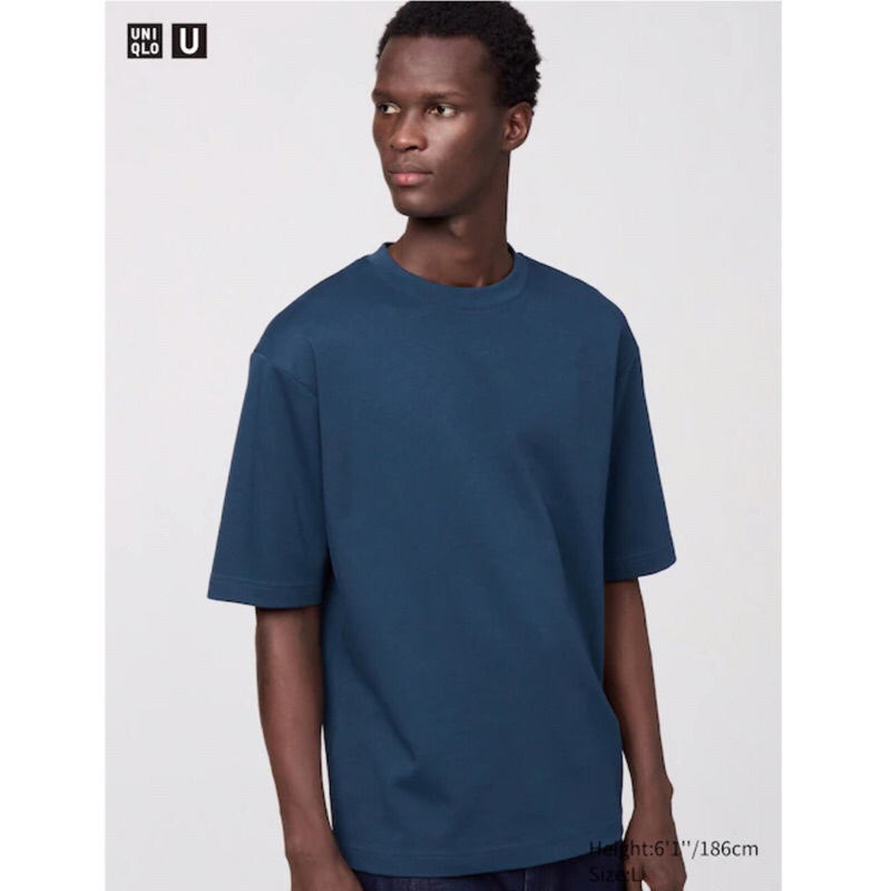 UNIQLO U Men T-Shirt AIRism Kaos Pria Katun Oversized Lengan 1/2 Blue