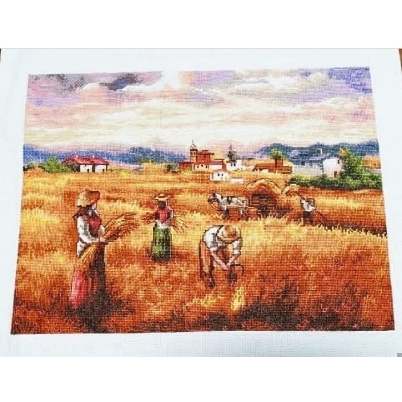 DIY PAKET KRISTIK PETANI PANEN PADI DI SAWAH PEDESAAN FULL CROSS STITCH KIT 14CT POLA KAIN