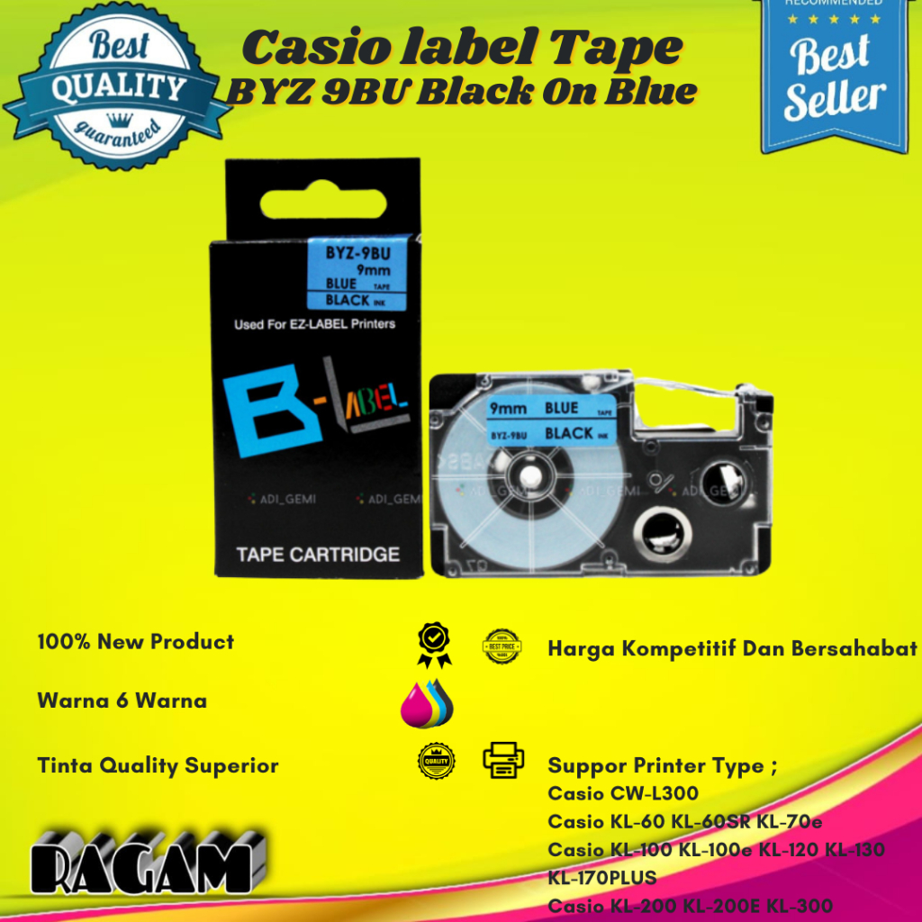 

Compatible Label Tape Casio BYZ 9ABU Black On Blue - 9mm