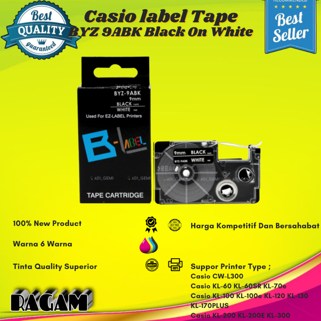 

Compatible Label Tape Casio BYZ 9ABK Black On White - 9mm