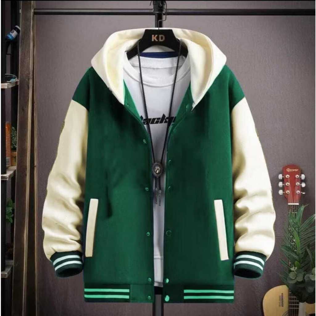 new deals jaket hoodie varsity hitam cream polos - jaket baseball varsity polos model kancing