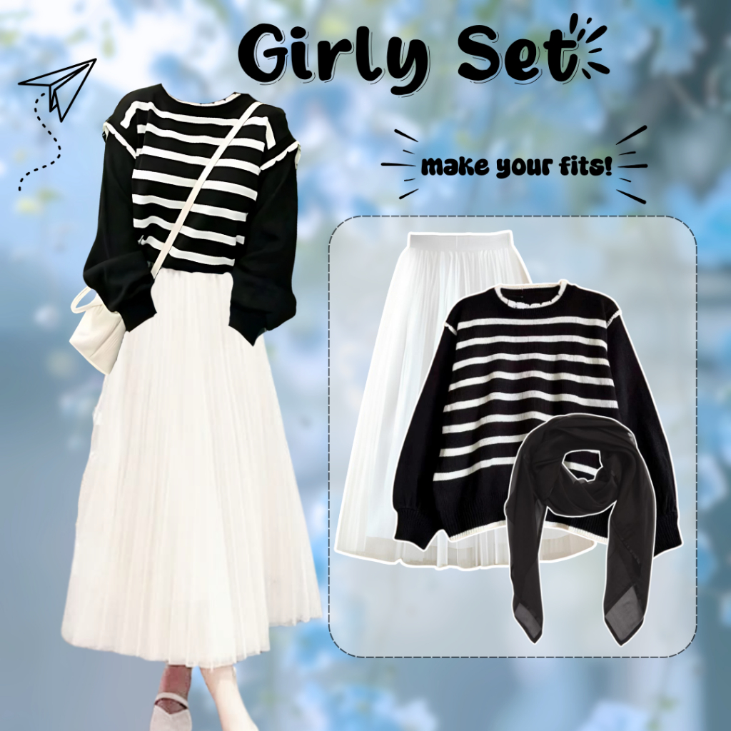 OOTD Hijab Casual One Set Wanita Kekinian - Atasan Knit Sweater Stripe + Rok Tutu Premium |RD004|