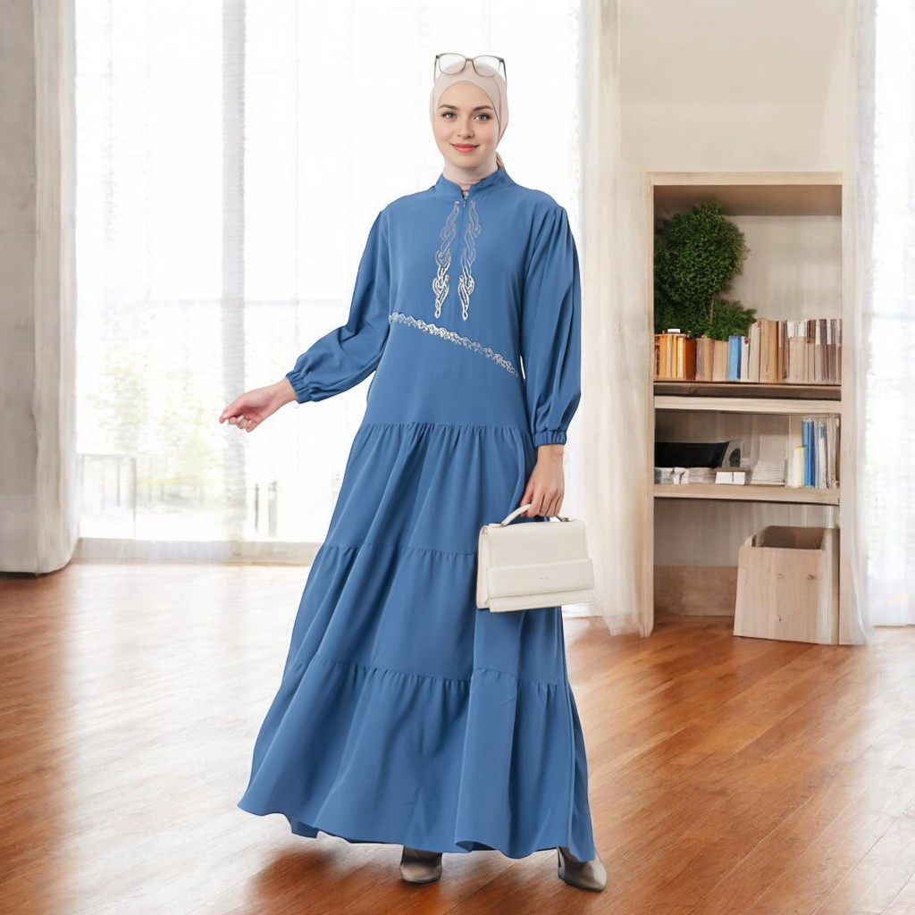 Gamis Polos Kombinasi Swaroski Shafira Dress Muslim 2025 Baju Pesta Mewah Elegant LD 110 - LD 120
