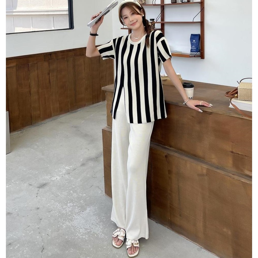 One set setelan wanita rajut import knit stripe stretch lengan pendek celana panjang