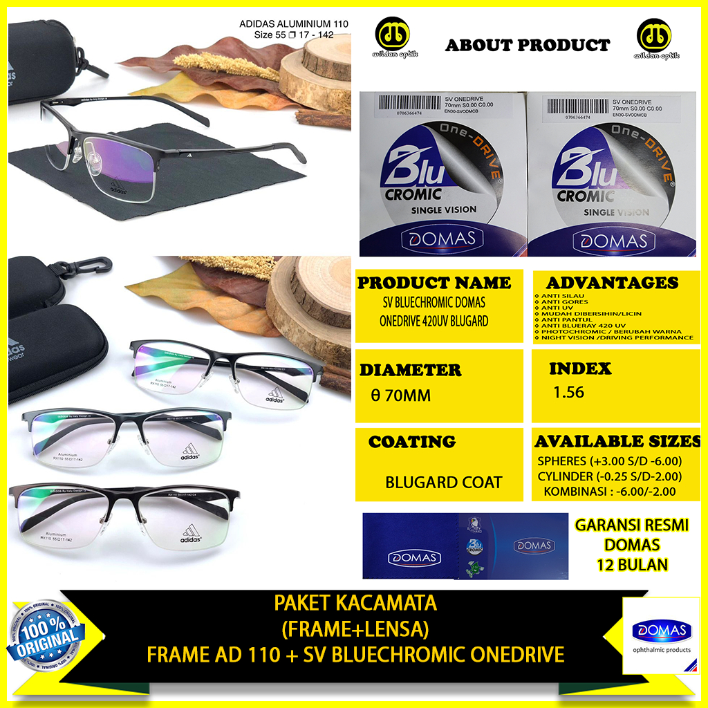 PAKET KACAMATA DOMAS (FRAME+LENSA) ADIDAS 110 HALF FRAME BLUECHROMIC ONEDRIVE