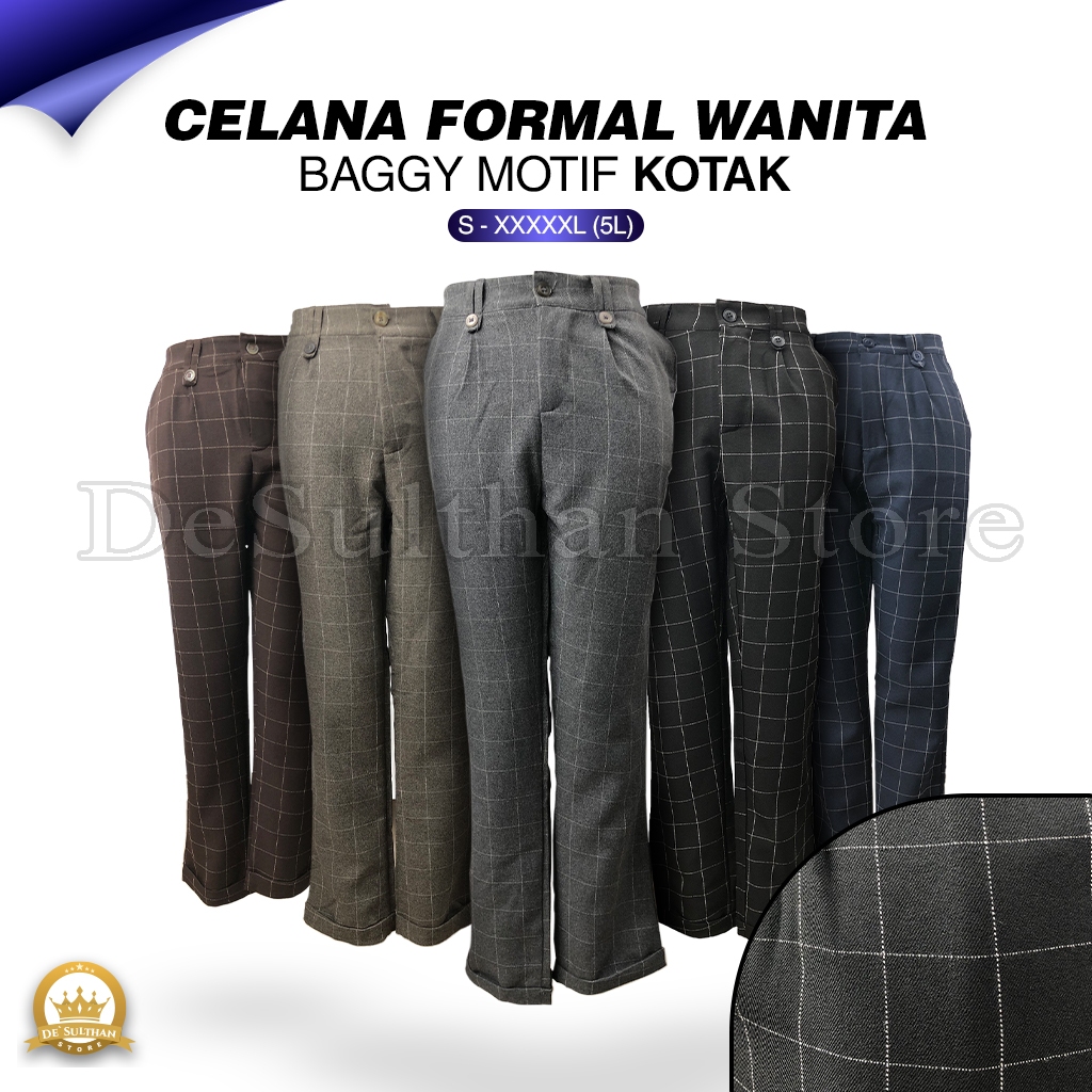 Celana Baggy Pants Panjang Motif Kotak Kotak Wanita Pinggang Karet Pakaian Kerja Formal Kantoran Cla