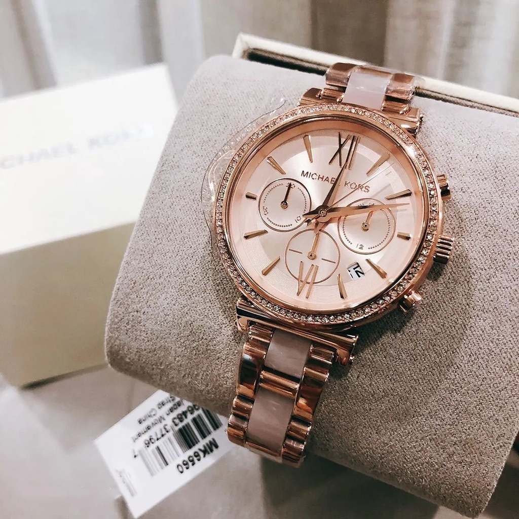 Jam Tangan Wanita MK6560 Sofie Chronograph Rose Gold Dial Dual Tone Stainless Steel Strap Original