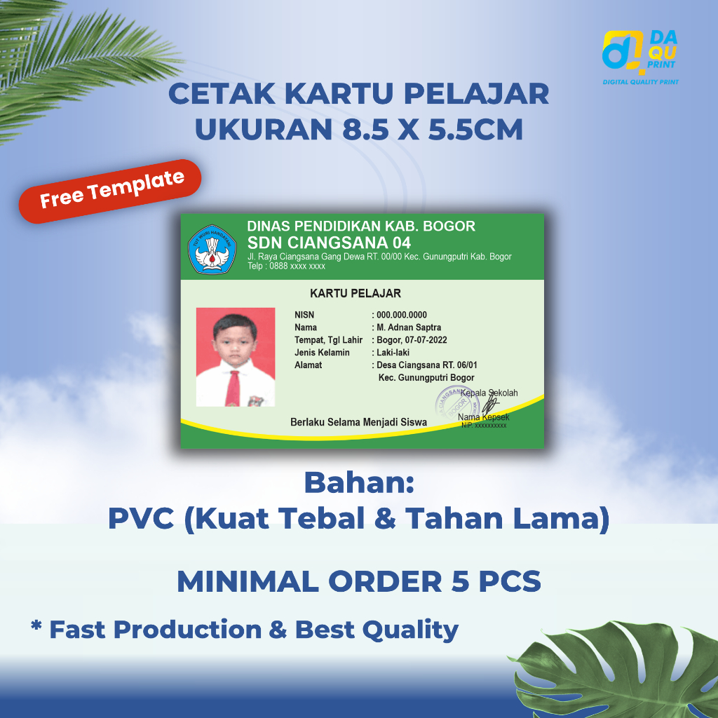 

Cetak Kartu Pelajar - NISN - Siswa/siswi TK,SD,SMP dan Mahasiswa (BAHAN PVC)