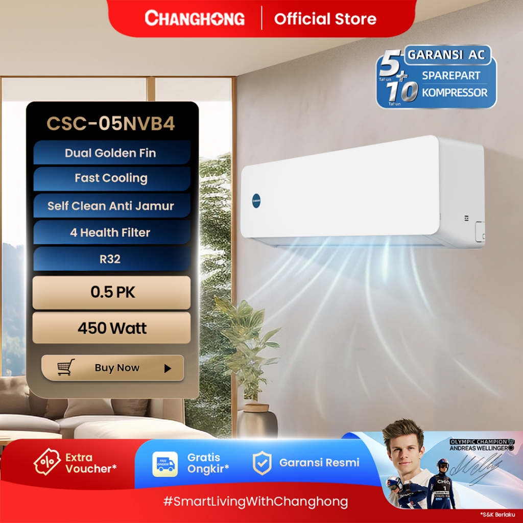 CHANGHONG AC 1/2 PK STANDARD CSC-05NVB4 [INDOOR + OUTDOOR UNIT ONLY] [FAST COOLING] [ECO MODE]