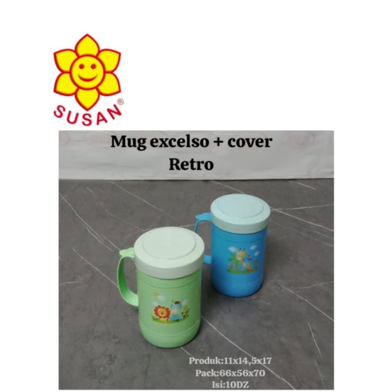 Set 6pcs Gelas tutup plastik warna/Susan Mug Excelso + Cover Retro